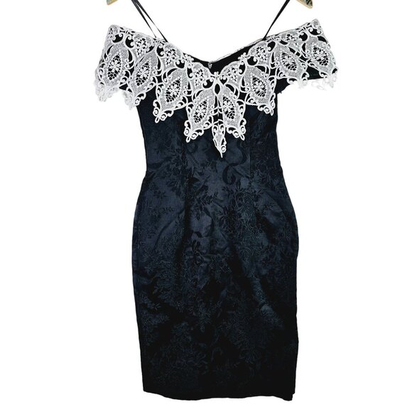 Vintage 1980's Scott McClintock Jacquard Satin Lace Off the Shoulder Dress, Sz 4 - Picture 1 of 8